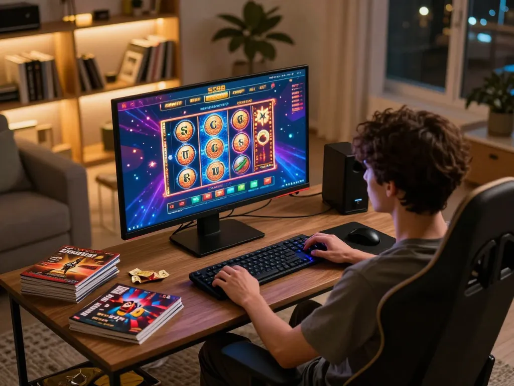 Engage with SC88 online casino from a cozy gaming setup, vibrant slot games on screen, strategy guides in view.
