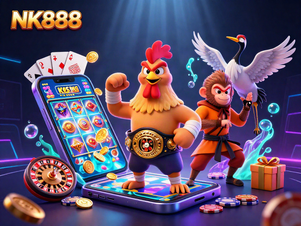 Nk888 captures a vibrant 3D casino scene with unique characters and dynamic gambling elements