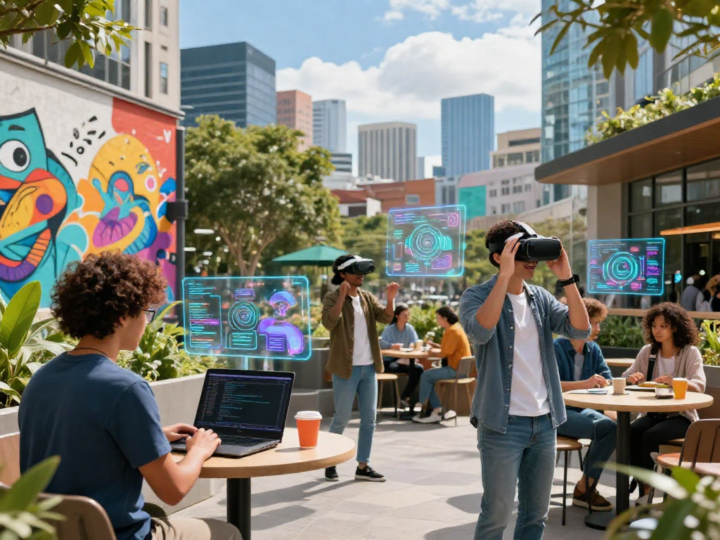 Young adults engaging with 18+ ai technology in an urban setting, showcasing innovation and creativity.