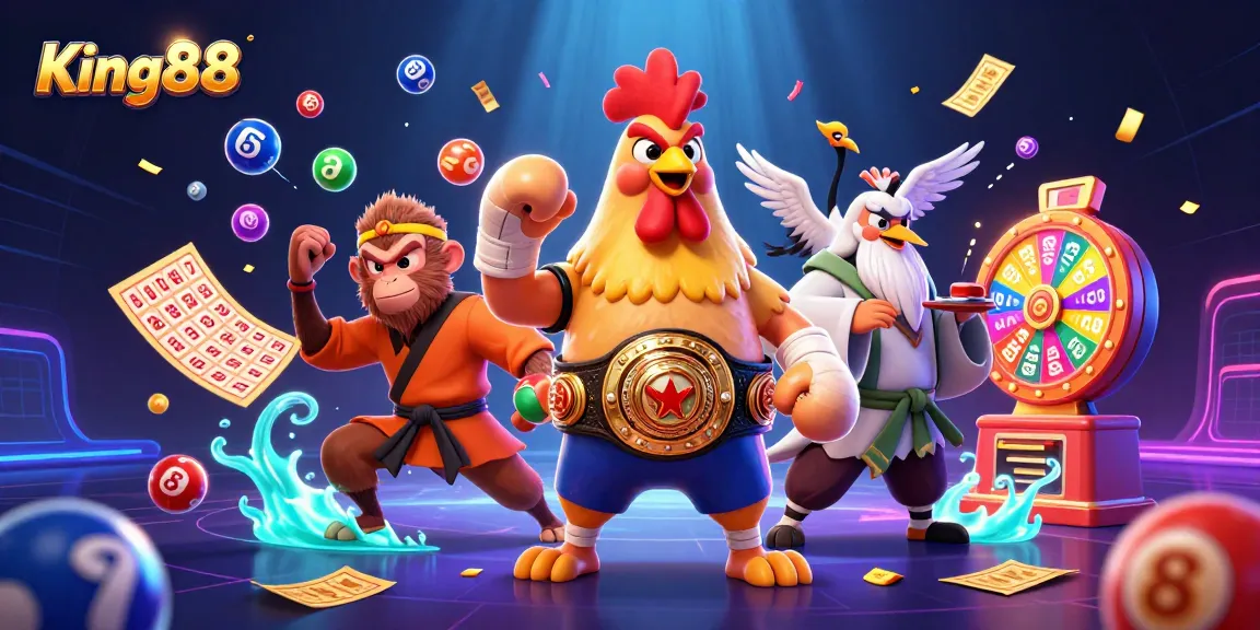 Experience thrilling gameplay with King88 as vibrant prize elements surround cartoon characters.