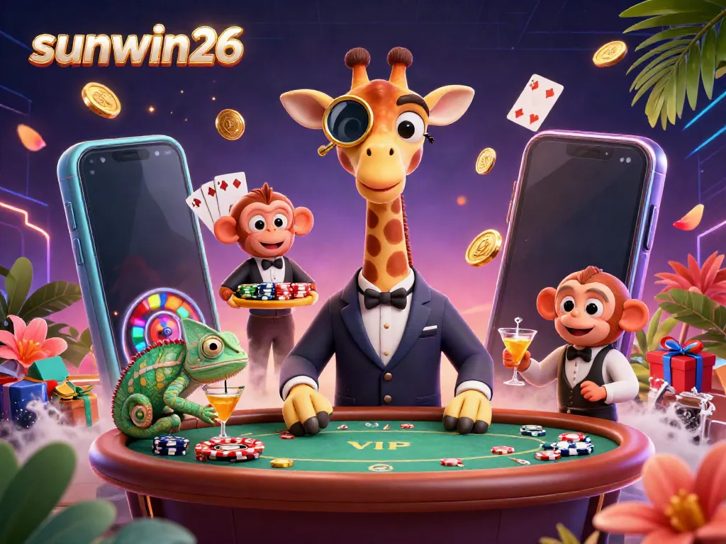 Experience sunwin26 with a high-roller giraffe, monkey valet, and chameleon bartender in a vibrant casino scene.