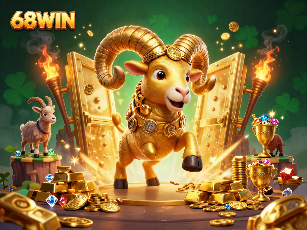 Bet on big wins with 68WIN featuring a golden ram at a treasure vault in an exciting casino scene.