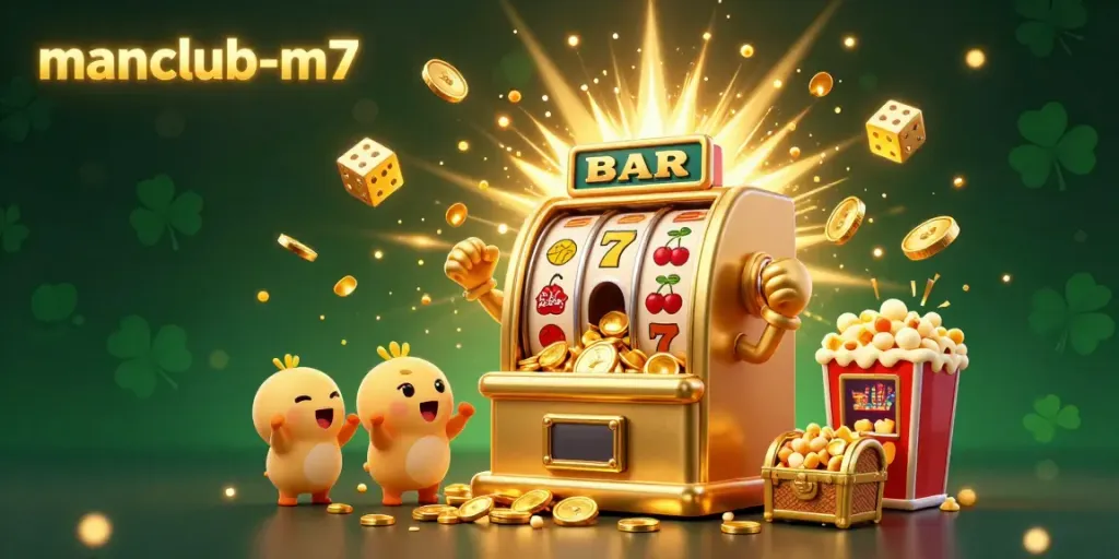 Experience the excitement of manclub-m7 with a lively slot machine jackpot scene bursting with coins and cheers.