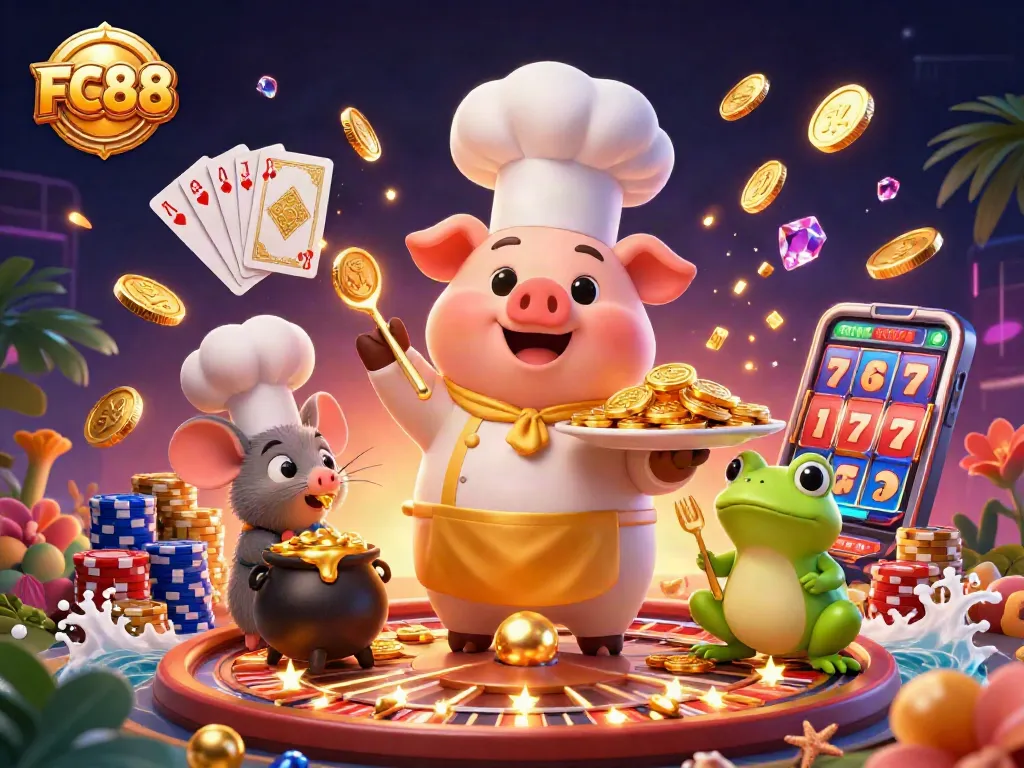 FC88 showcases a vibrant casino scene with a chef pig presenting gold coins while dynamic game elements surround.