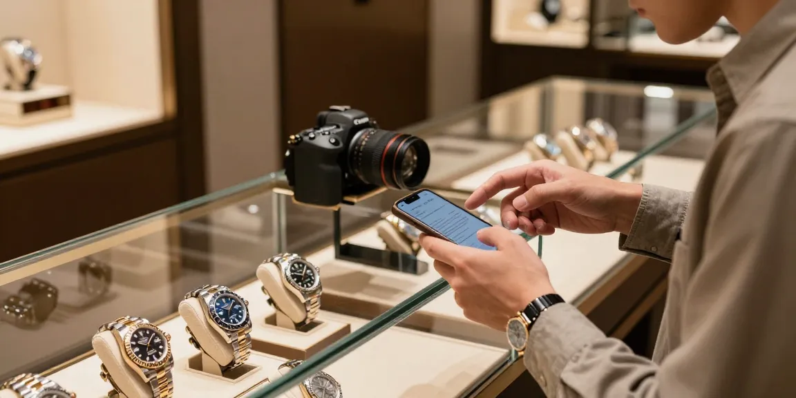 Showroom displaying Rolex super clone watches with a customer exploring premium timepieces in a luxurious setting.
