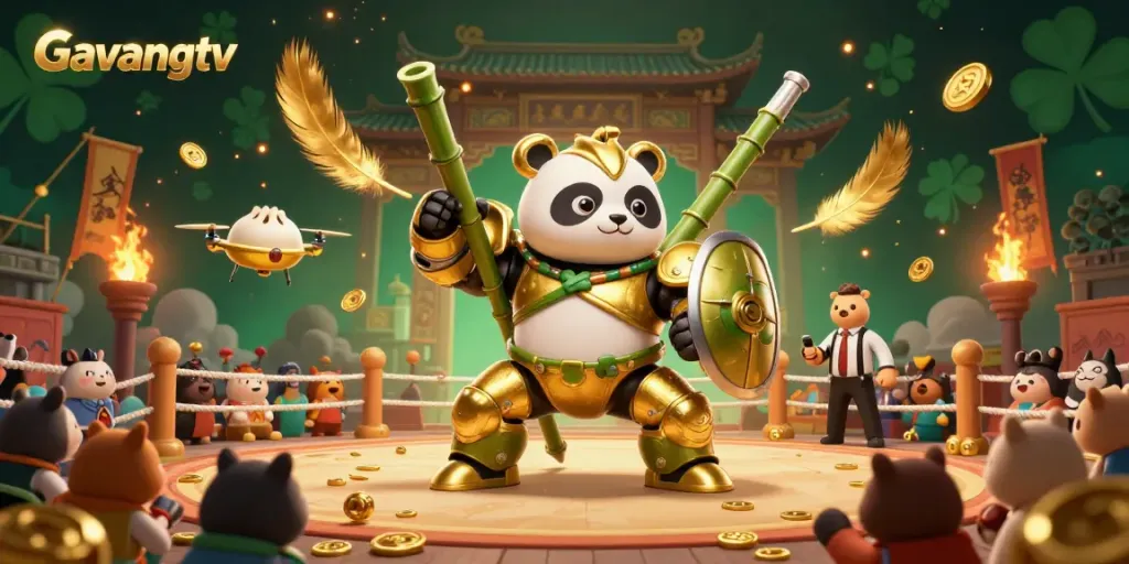 Experience thrilling sports betting action with Gavangtv's golden panda mech battling in a vibrant arena.