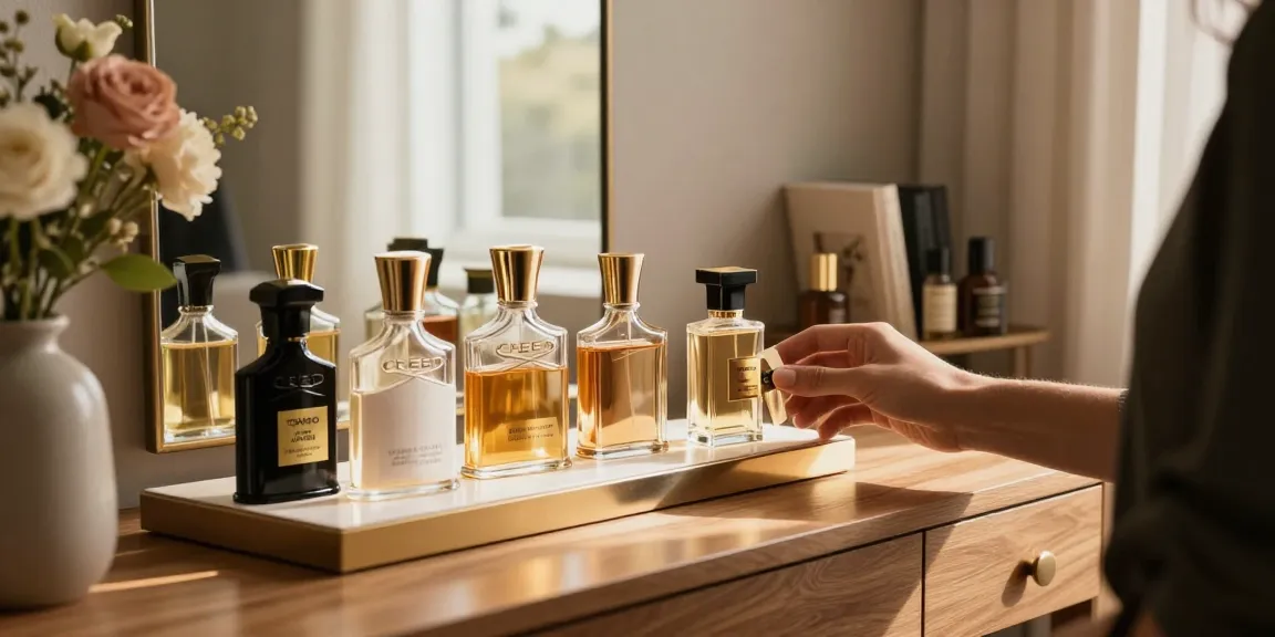 Elegant perfume collection display featuring designer bottles in a warm home setting.