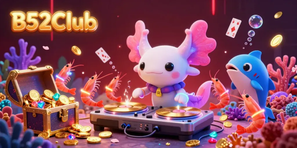 Experience B52Club's thrilling underwater casino adventure featuring neon axolotl DJ and treasure chests.