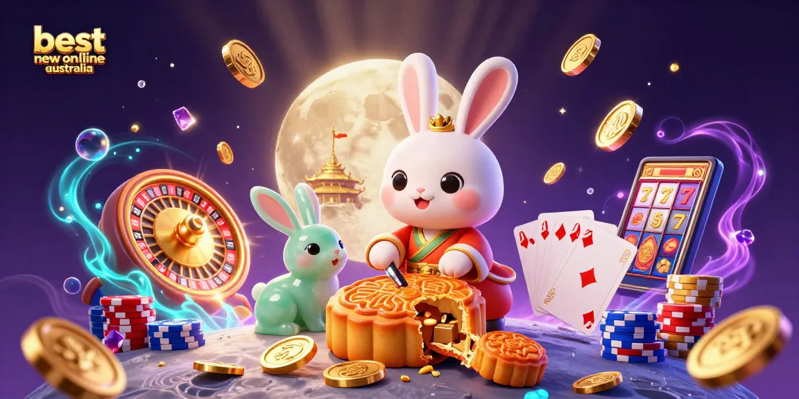 Experience the excitement of the best new online casino Australia with vibrant 3D illustrations featuring moon rabbits, poker chips, and rewards.