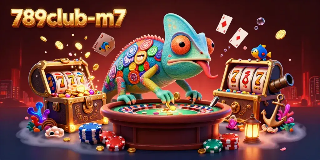 Experience thrilling slots at 789club-m7 with a vibrant illustration of a chameleon casino owner and gem-filled treasure.