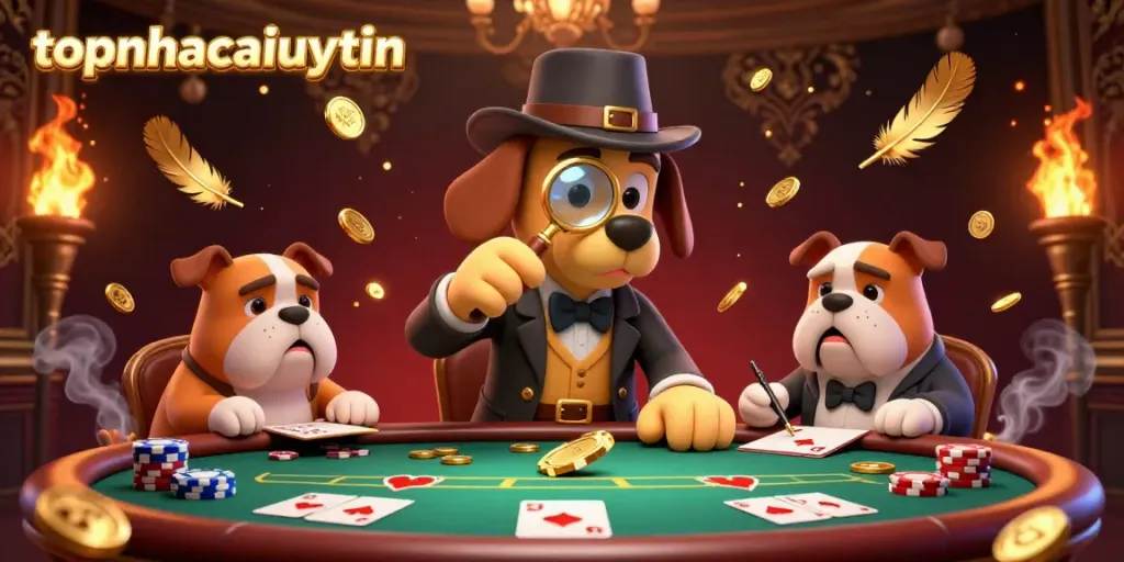 Engage in thrilling poker games with topnhacaiuytin amidst swirling gold coins and captivating characters.