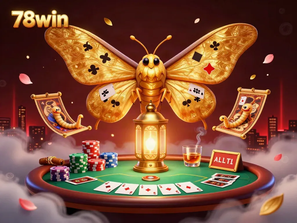 Experience vibrant gambling energy with 78win's enchanting moth and golden casino elements.