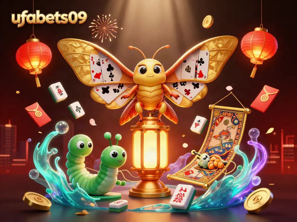 Engage with the vibrant world of ufabets09, where a majestic atlas moth and silk worms weave golden threads amidst casino scenes.