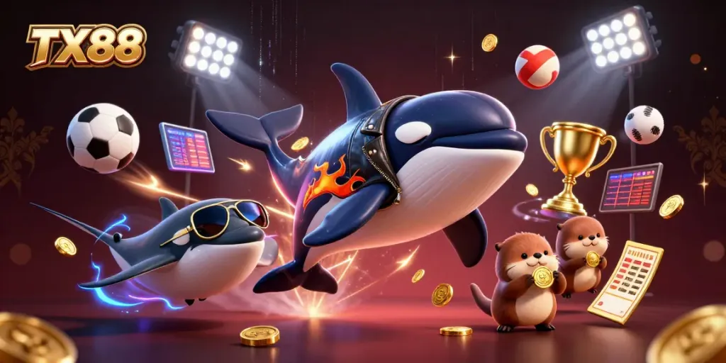 Engage in thrilling gaming experiences at TX88 with vibrant characters, sports elements, and gold coins.