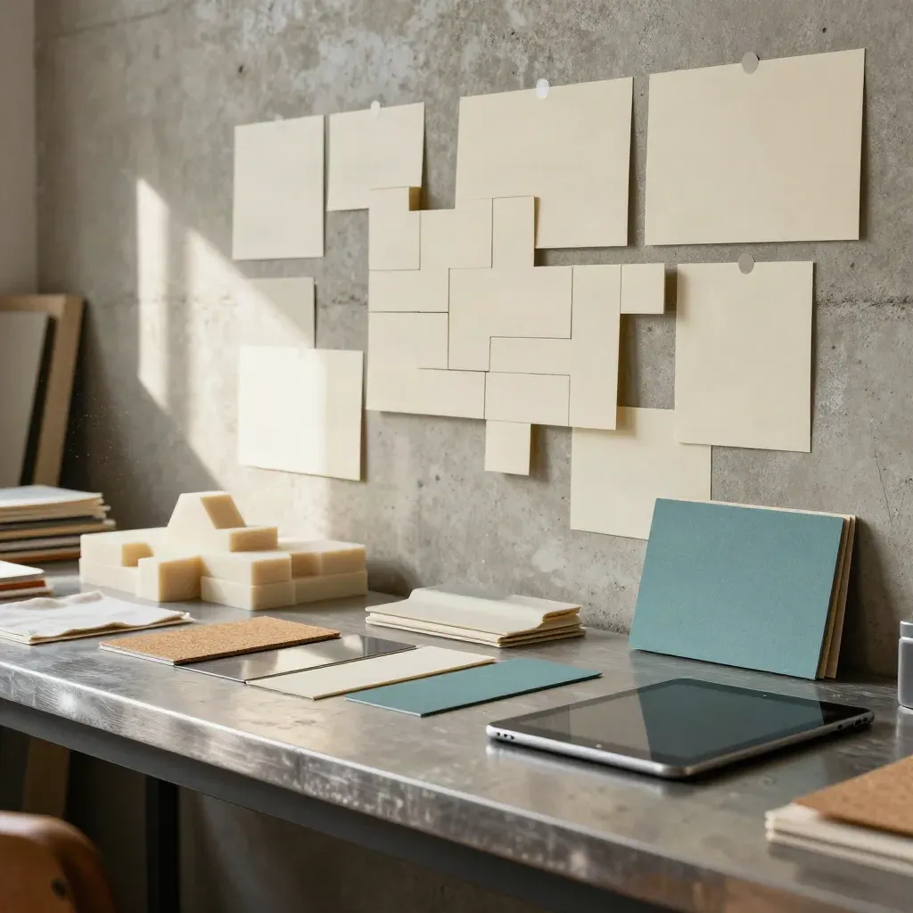 Workshop wall with cards, swatches, foam parts and a closed tablet in a concrete studio.