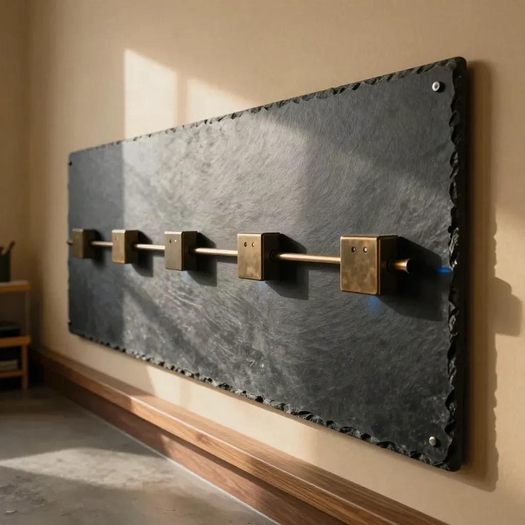 Slate roadmap board with pegs and three product boxes aligned on a warm studio wall