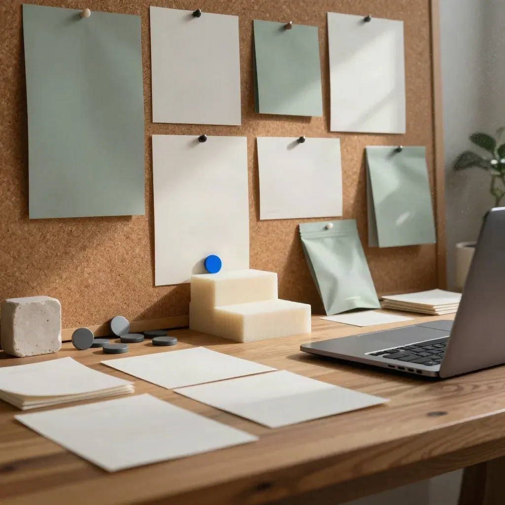 Rain-fresh product strategy studio with prototype blocks, cards, laptop and pinboard at dawn.