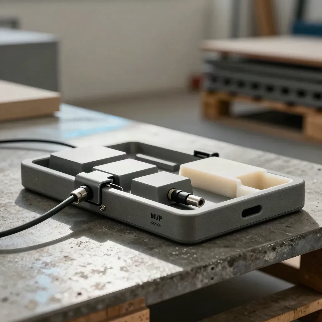 MVP prototype tray with phone shell, module blocks, cable ends and foam insert on a concrete studio floor.