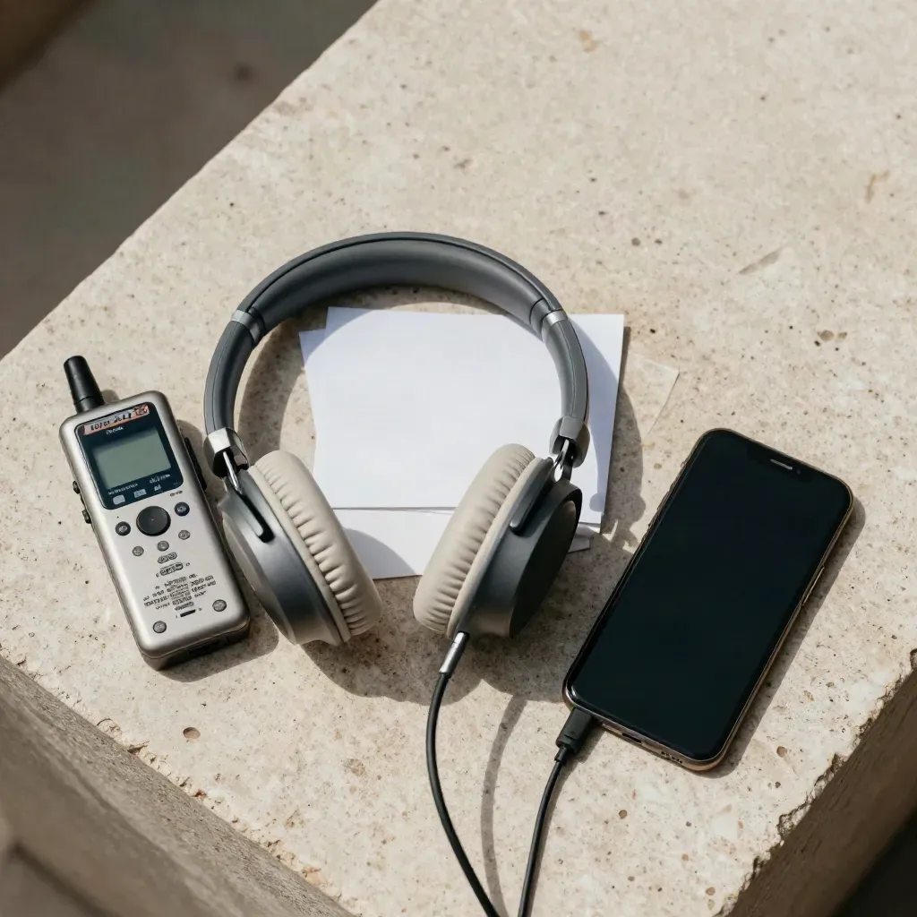 Top-down field research kit with recorder, headphones, face-down cards and silent phone on travertine.