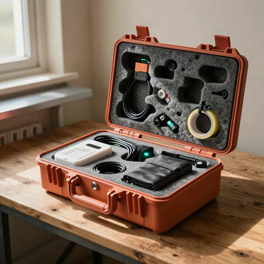 Open launch kit with sealed devices, cables, power bank and tape glowing on a warm bench.