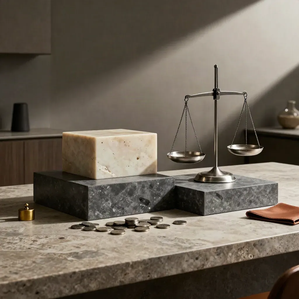 Three-tier pricing pedestals, balance scale and metal tokens on a stone counter in moody light.