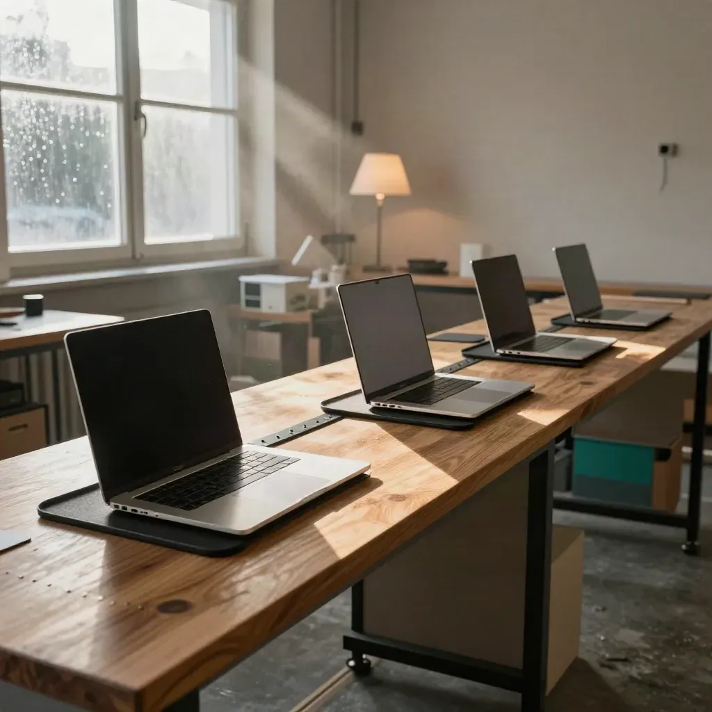 Three synced product workstations with closed laptops and magnetic pegs in a warm studio.