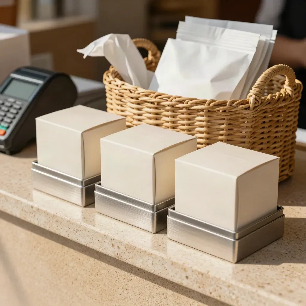 Macro of sample tiers settling beside trial kit boxes and a turned card terminal