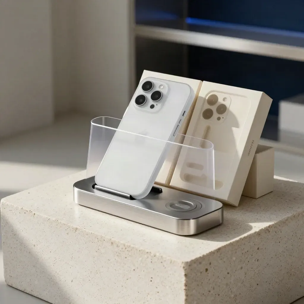 Sealed phone cradle kit and charging dock on white stone in a clinical launch bay.