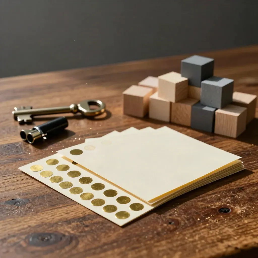 Macro still life of a product discovery toolkit on oak: brass dots, cards, model blocks and pen caps.