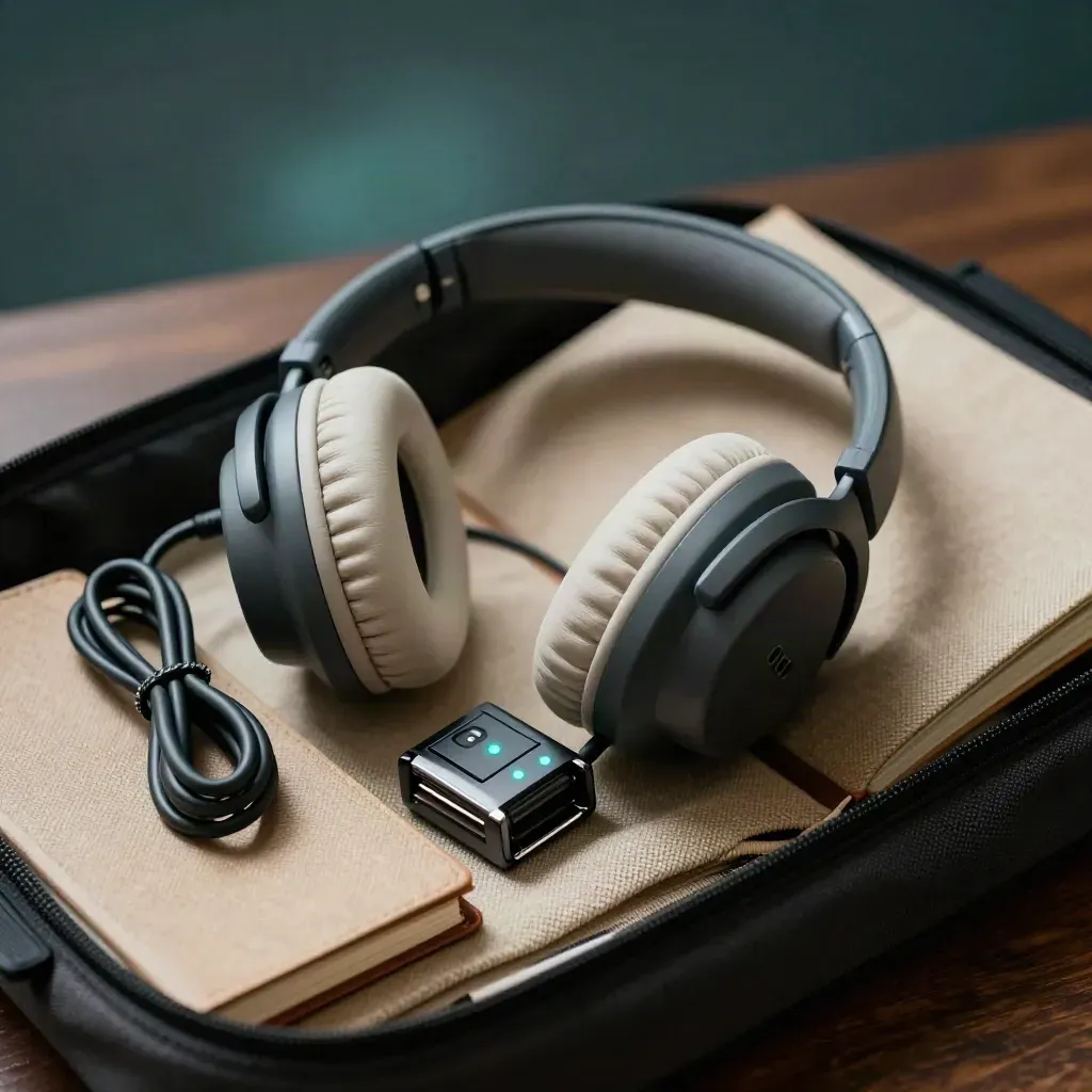 Interview kit with headphones, recorder, cable and notebook on woven fabric, dramatic studio light
