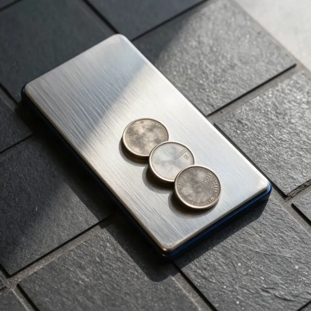 Balance scale with three metal pricing tokens on dark slate, top-down with hard light.