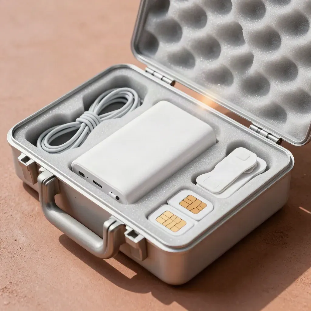 Launch kit with cable ties, power bank, adhesive clips and SIM trays on concrete