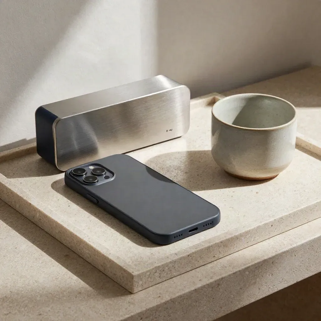 Face-down phone, cup ring, and silent desk timer on stone with soft side light.