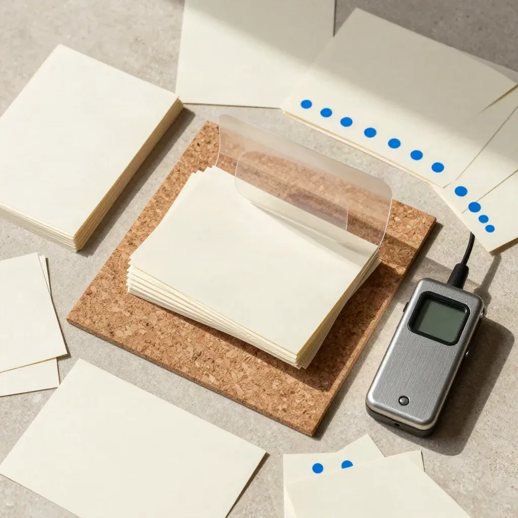 Overhead workshop cards, blue dot stickers, recorder and acetate overlay on cork