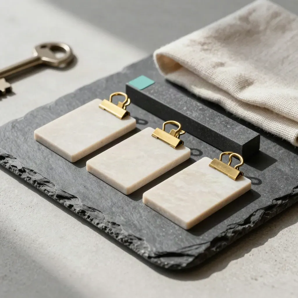 Three timeline chips and a graphite block on slate under soft side light.