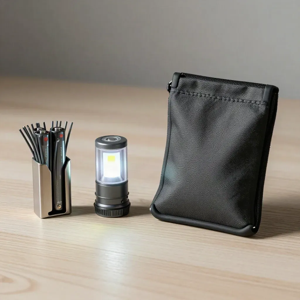 Glowing task beacon with cable ties, spare batteries and sealed launch pouch on pale wood.