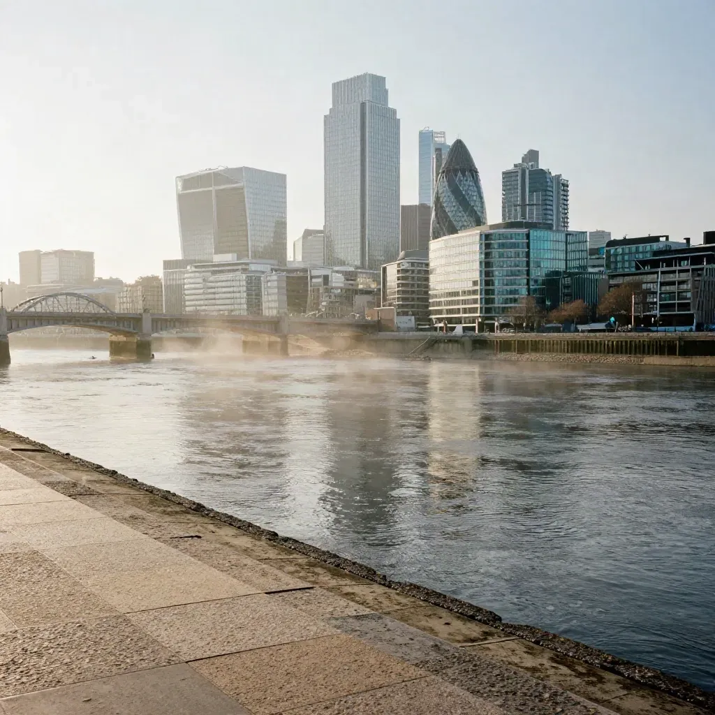 Sunrise London skyline over a calm stone embankment in river haze.