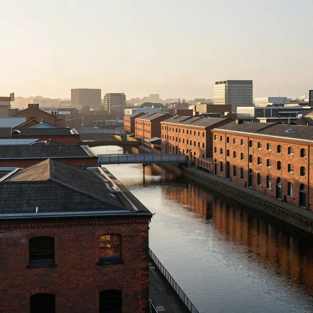 Hazy Manchester warehouses and canal water at golden hour, skyline high and copy space below.