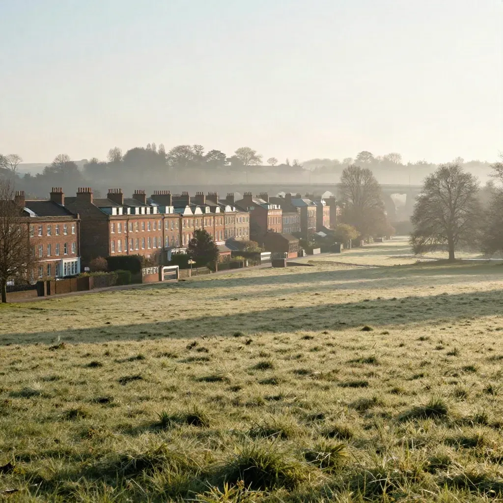 Misty Midlands valley with brick terraces, parkland and a distant viaduct at dawn