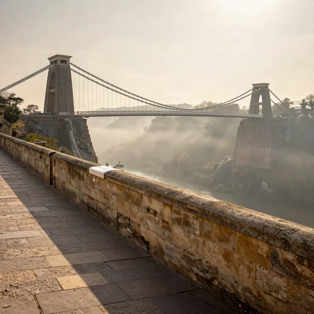 Bath stone terraces and Clifton Bridge over Avon Gorge in warm haze, copy space below