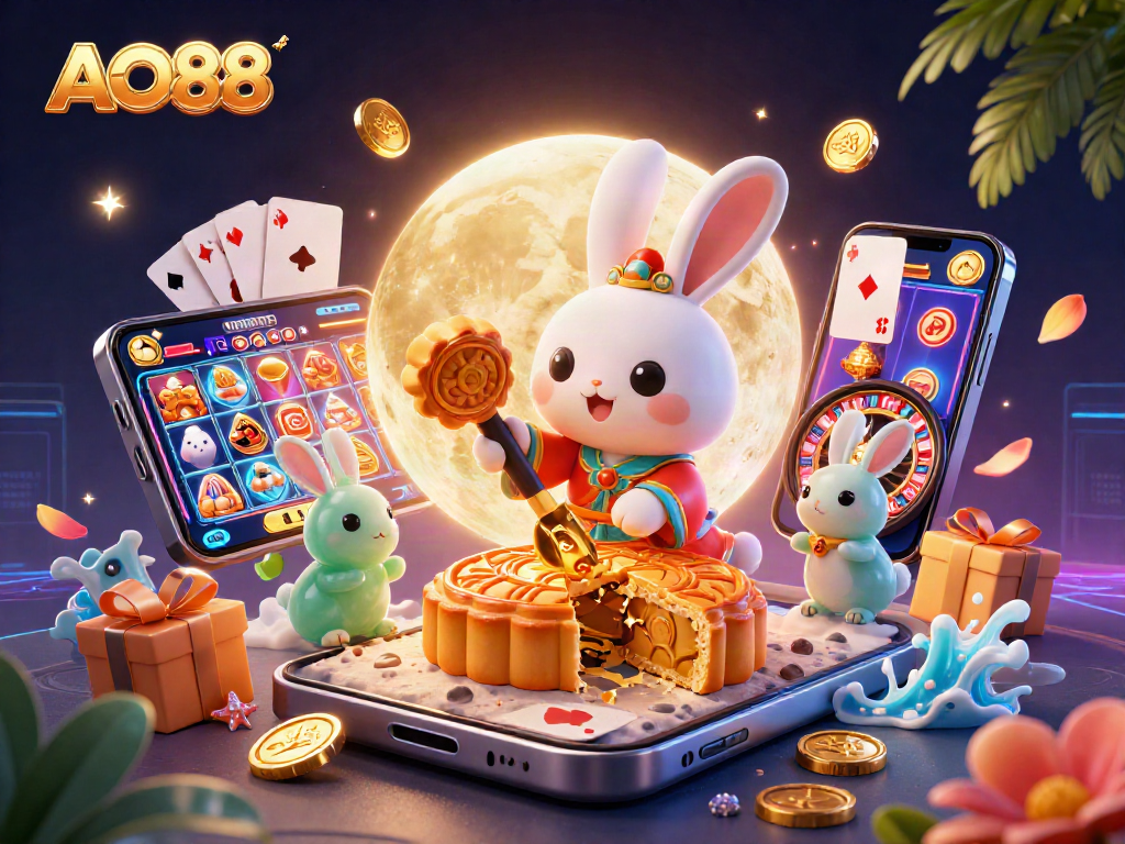 Spin the reels with AO88 in a vibrant 3D casino scene filled with poker chips and slot games
