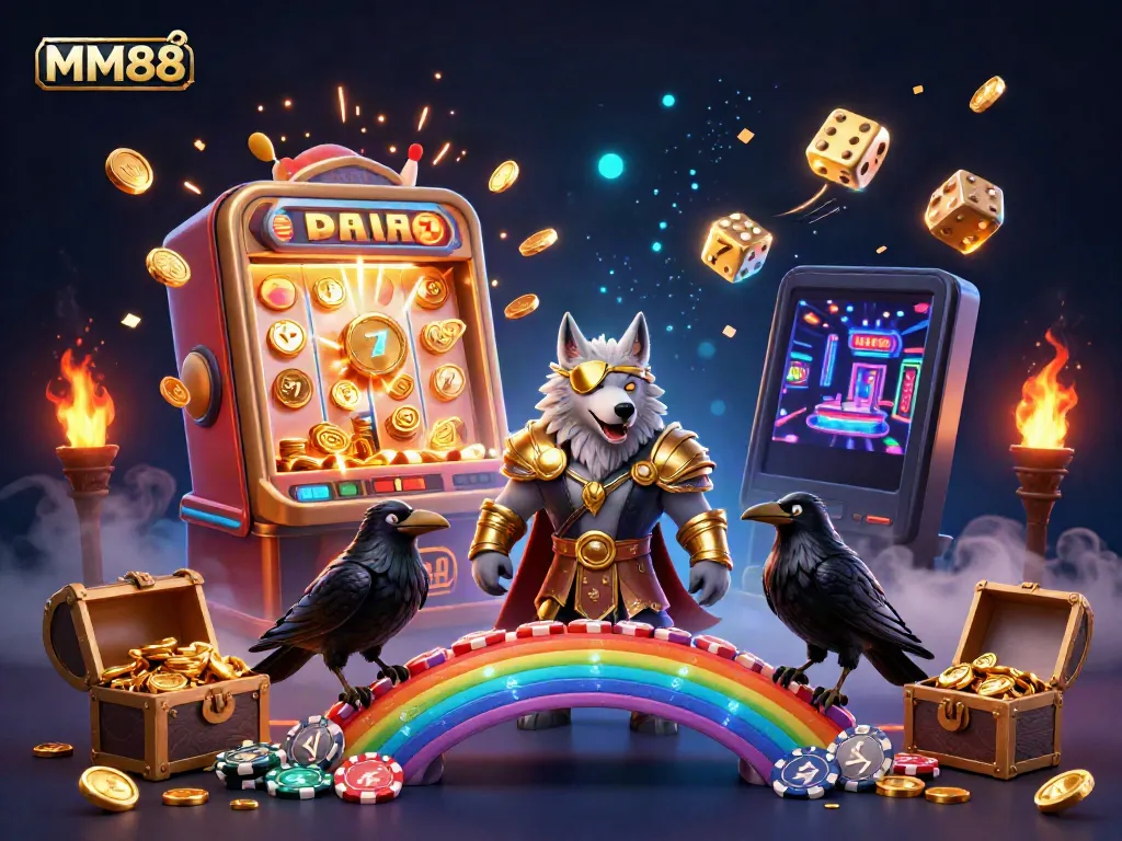 Experience MM88 casino thrills with a whimsical 3D illustration of Odin and ravens amidst casino elements.