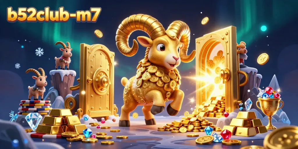 Experience luck and excitement with b52club-m7, featuring a golden ram charging through a treasure vault.