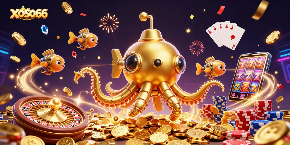 Experience the thrill of xoso66 as the golden kraken submarines rise amid coins and gambling excitement.