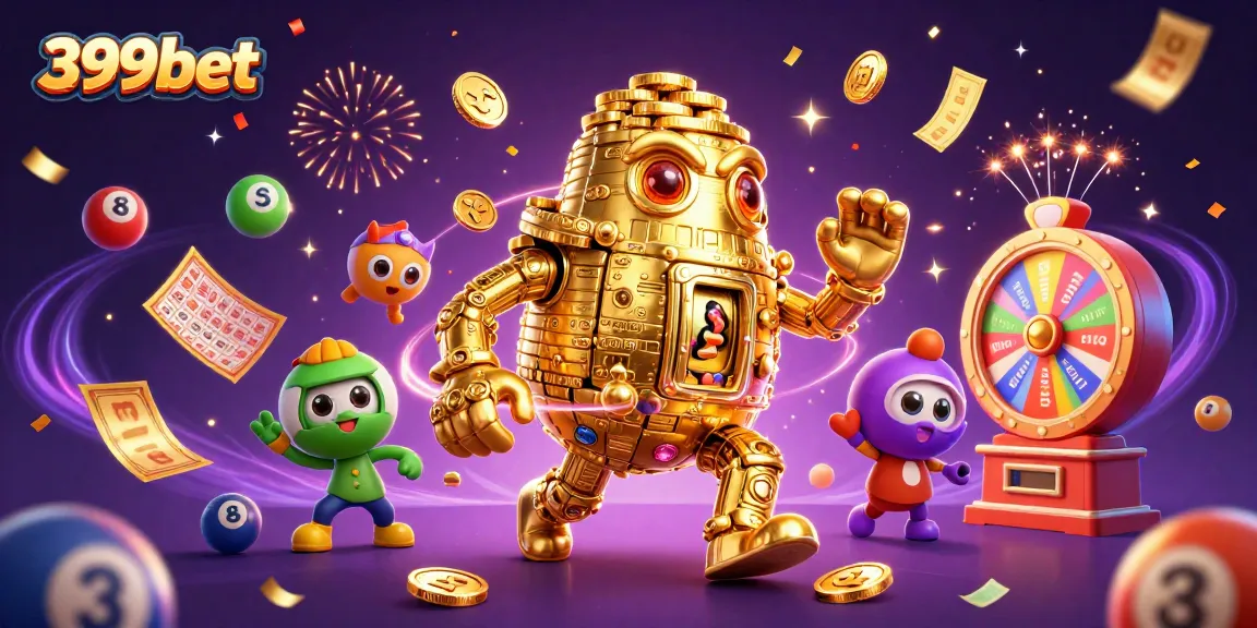Join the excitement of 399bet with vibrant lottery balls, golden bingo cards, and an animated golem!