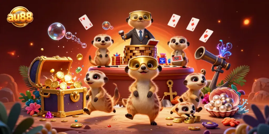 Experience the vibrant casino hustle at au88 with meerkats running games surrounded by colorful treasures.