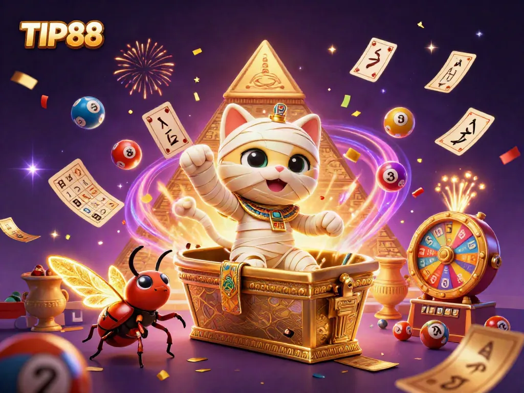 Engaging TIP88 gaming scene featuring an Egyptian mummy cat, golden elements, and colorful effects.