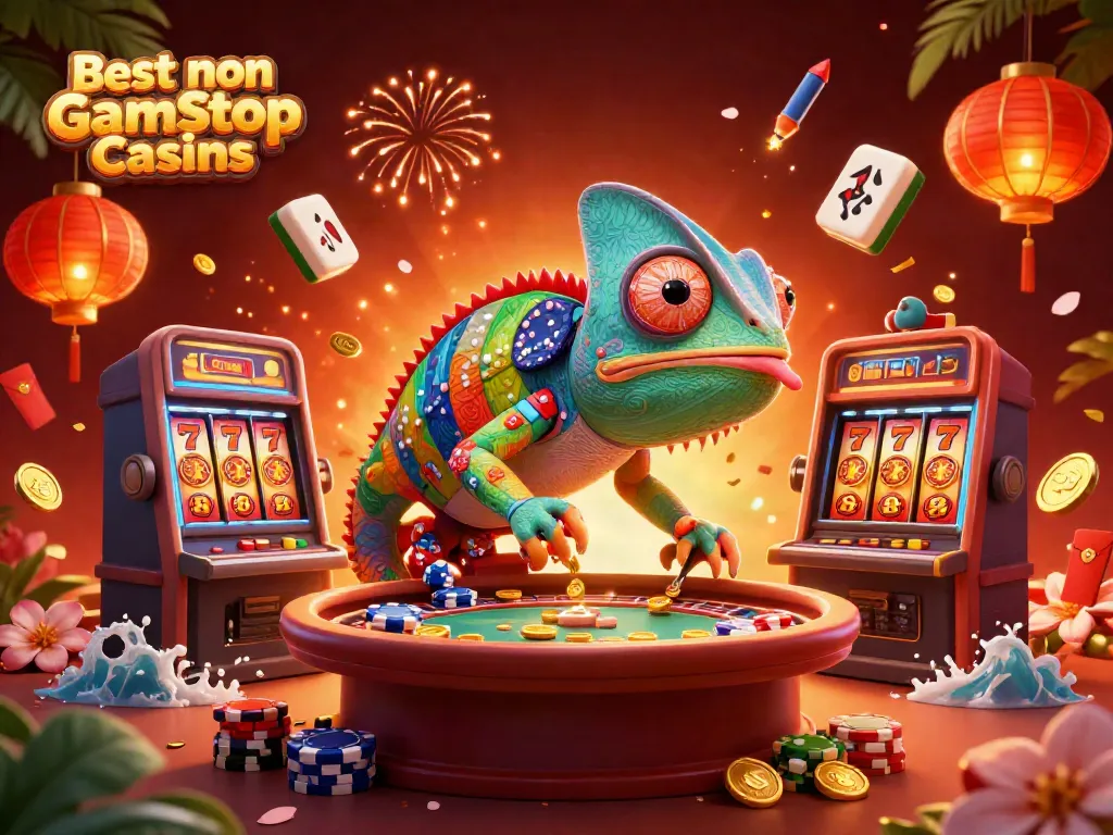 Experience the excitement at Best non Gamstop Casinos with a colorful casino scene full of vibrant characters and slots.