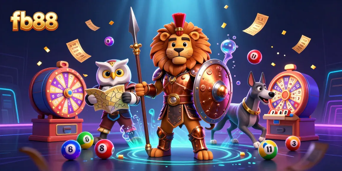 Engaging scene of fb88 with cartoon lion, owl, and greyhound amidst a vibrant casino setting.