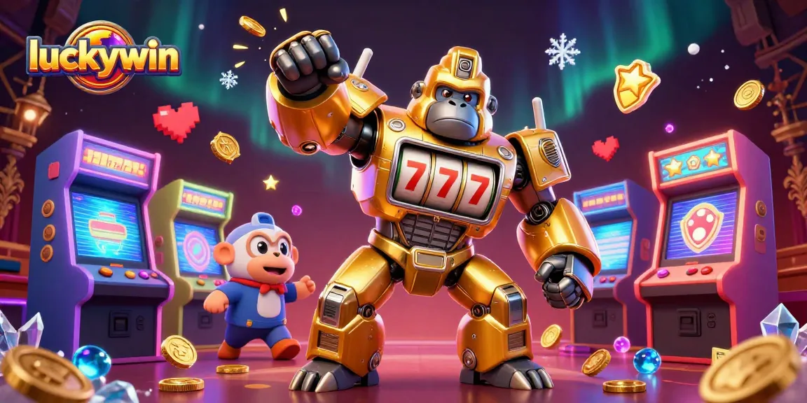 Experience the thrills of luckywin as a golden gorilla mech bursts with coins in a vibrant casino scene.